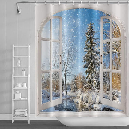 Winter Snowy Shower Curtain, Window View Blue Sky Winter Christmas Tree River Nature Snowy Scene Bath Curtains for Holiday 180cm x 180cm.