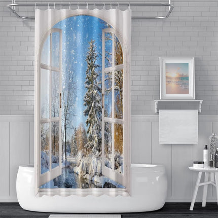 Winter Snowy Shower Curtain, Window View Blue Sky Winter Christmas Tree River Nature Snowy Scene Bath Curtains for Holiday 180cm x 180cm.