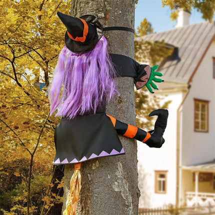 Flying Halloween Decoration for Outdoor Use - Witch Crashing into Tree Orange.