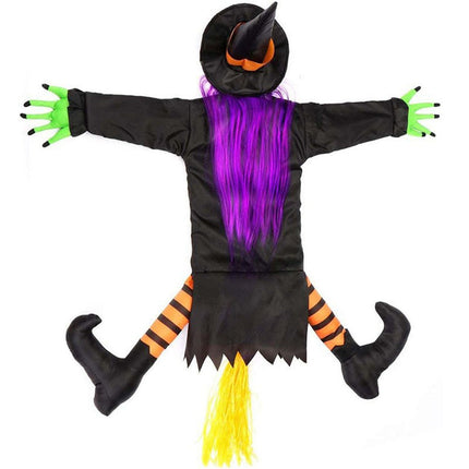 Flying Halloween Decoration for Outdoor Use - Witch Crashing into Tree Orange.