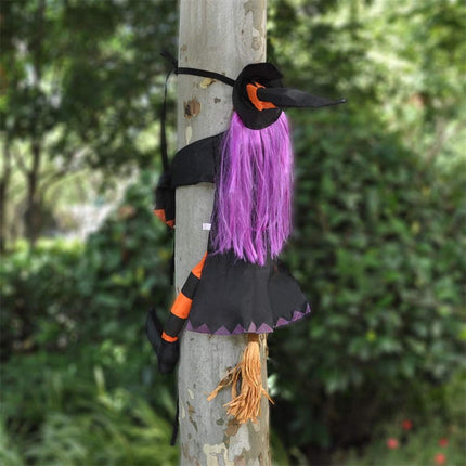 Flying Halloween Decoration for Outdoor Use - Witch Crashing into Tree Orange.