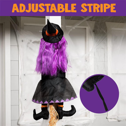 Flying Halloween Decoration for Outdoor Use - Witch Crashing into Tree Orange.