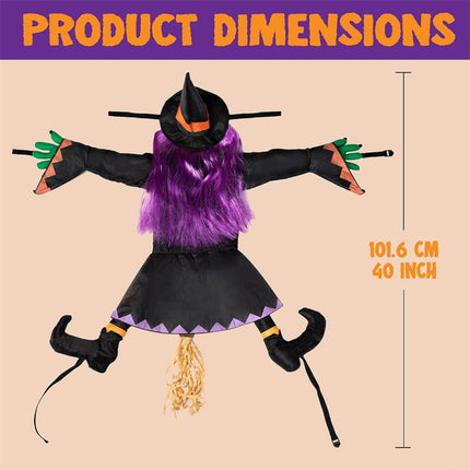 Flying Halloween Decoration for Outdoor Use - Witch Crashing into Tree Orange.