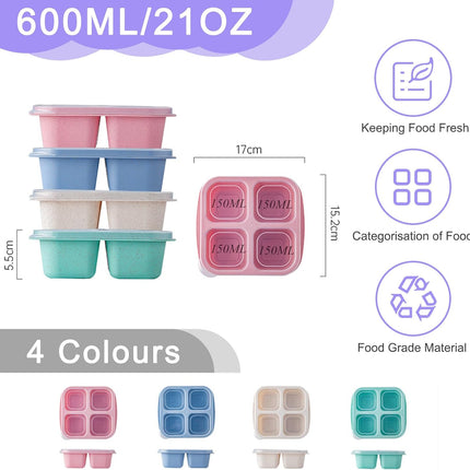 4-pack snack boxes with compartments, snack containers for kids and adults, 4-compartment bento lunch boxes.