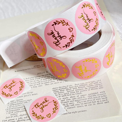 Rolls of 1000pcs Thank You Stickers, 2.5cm Self Adhesive Label Stickers, Kraft Paper and Pink Thank You Sticker.