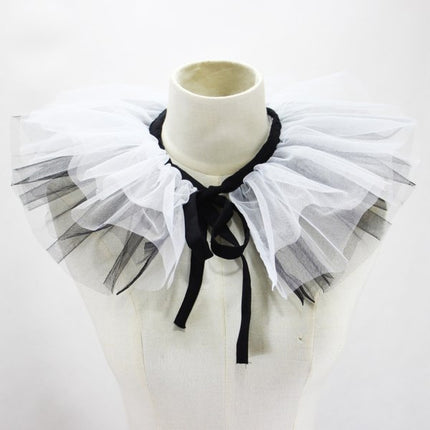 Women's Renaissance Tulle Ruffled False Collar Layered Black White Mesh Clown Choker Lace Up Victorian Neck Ruff Shawl Cosplay Props.