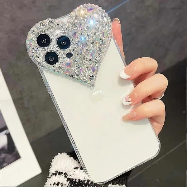 Compatible iPhone 15 Pro Max Case for Women and Girls, Luxury Bling Rhinestone 3D Diamond Love Case, Cute Pink Glitter, Sparkly Protective Case.