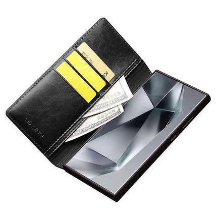 Compatible with Samsung Galaxy S24 Ultra Mobile Case Wallet Case Flip Stand Phone Protection Genuine Leather Black.