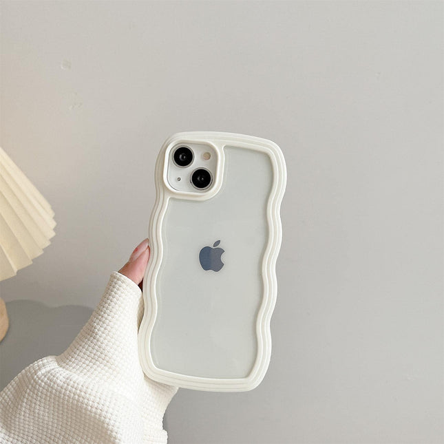 Transparent Cute Curly Simple Wavy Case, Aesthetic Design Bumper, Soft TPU for iPhone 14 Pro Max-White.