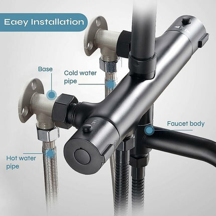 Installation kit for connecting hose to exposed tap. Outdoor shower system thermostatic mixer conversion built into the surface.