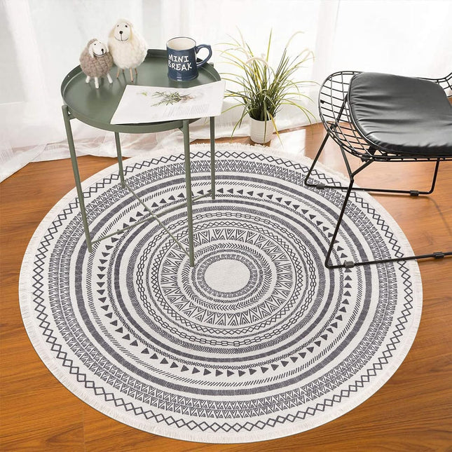 Grey Round Woven Cotton Rug with Fringes 120cm Washable Absorbent Rug Moroccan Style Print 120*120CM—yux 120*120CM.