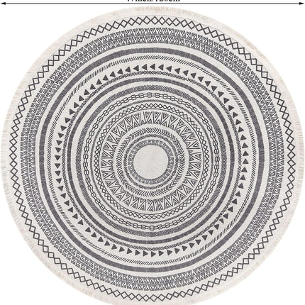 Grey Round Woven Cotton Rug with Fringes 120cm Washable Absorbent Rug Moroccan Style Print 120*120CM—yux 120*120CM.