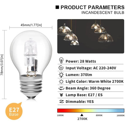 E27 Halogen Bulbs 28W G45 Glass Dimmable Warm White 2700K Golf Ball Shaped Bulb Edison Screw Lamp Clear Shade for Chandelier (6-pack).