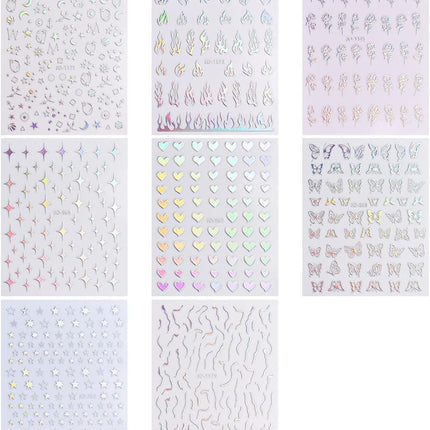Sheets Aurora Nail Stickers 3D Holographic Laser Heart Star Moon Flame Flower Butterfly Nail Decals Self-adhesive Nail.