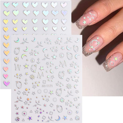 Sheets Aurora Nail Stickers 3D Holographic Laser Heart Star Moon Flame Flower Butterfly Nail Decals Self-adhesive Nail.