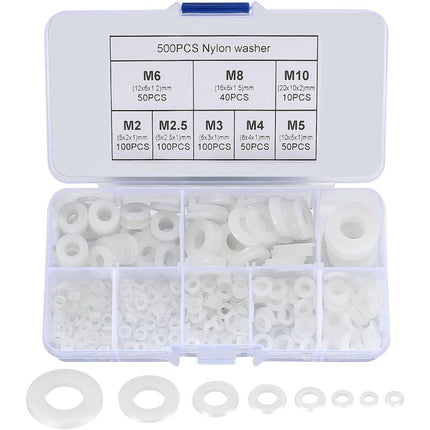 500 Pieces Nylon Flat Washers, Flat Washers Insulation Round Spacer Plumbing Assortment Kit - White, M2/M2.5/M3/M4/M5/M6/M8/M10.
