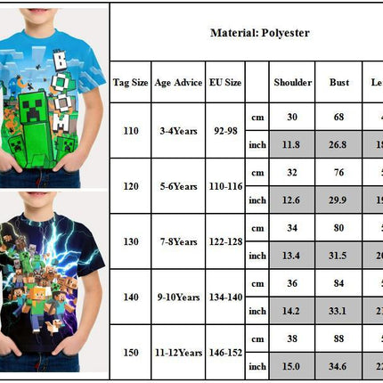 Minecraft T-shirt for boys and girls, cute pattern design, cartoon print, round neck, funny short sleeve top, casual spring summer children D 150cm.