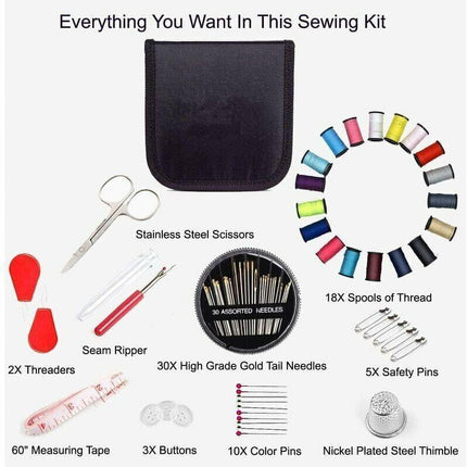 Mini Sewing Kit with 52 Sewing Accessories, 18 Thread Spools with Black Sewing Box for Beginners Kids Travelers Sewing Machine Adults Girls (Small).