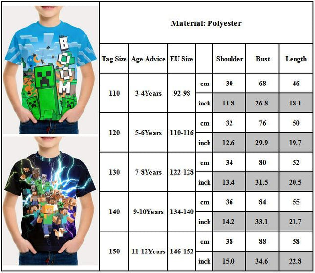 Minecraft T-shirt for boys and girls, cute pattern design, cartoon print, round neck, funny short sleeve top, casual spring summer children D 140cm.