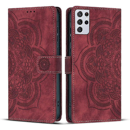 Mandala Embossed Retro Frosted Leather Phone Case Red For Samsung Galaxy S21 Ultra 5G.