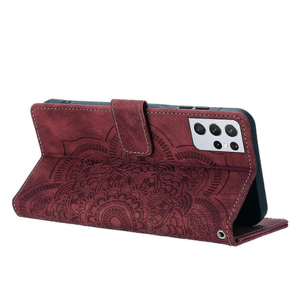 Mandala Embossed Retro Frosted Leather Phone Case Red For Samsung Galaxy S21 Ultra 5G.