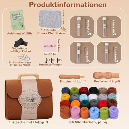 Needle Felting Set in 24 Colors - Felting Tools and Storage Bag, Large Set with Felting Wool, Needles and Felting Mat for DIY.