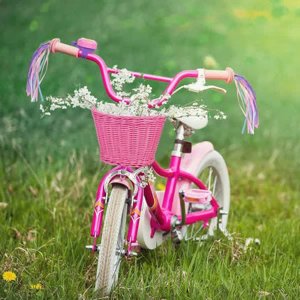 Pink Purple Children's Bicycle Basket with Adjustable Front Straps.