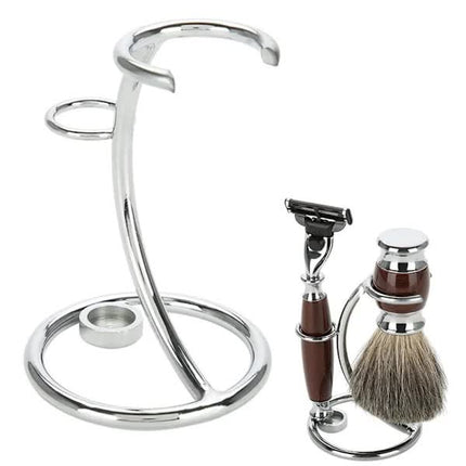 Razor and brush holder, razor stand, razor holder, shaving brush holder made of stainless steel, for storing razors and shaving brushes.