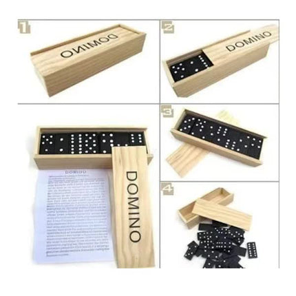Traditional Domino Game - 28 pieces, wooden case with sliding lid for children and adults, black color, wooden game, educational aid.