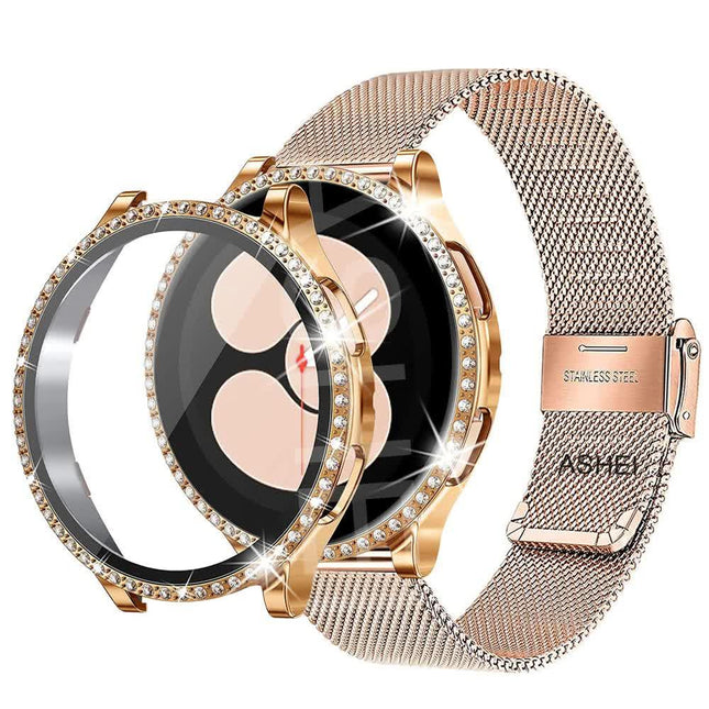 Compatible with Samsung Galaxy Watch 4 5 6 Bracelet Case 40mm 44mm Mesh Loop Stainless Steel Strap Bling Case Gold Set watch6 40mm.