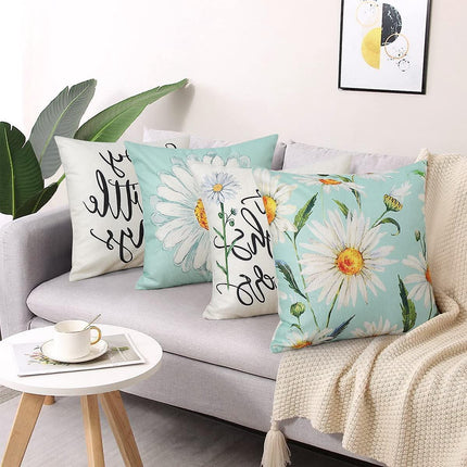 Cushion Cover 45 x 45 cm Set of 4 Decorative Cushions Daisy Cushion Cover Decoration Cotton Decorative Cushions for Garden Living Room Bedroom Modern.