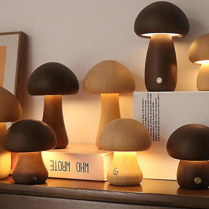 Mushroom Lamp Rechargeable Portable Night Light - Wooden Lamp Bedroom Lamp Bedside Table Lamp Coffee.