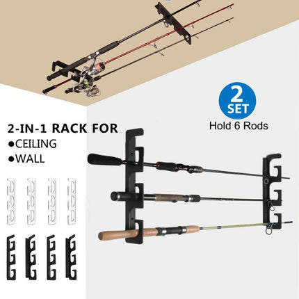 Set of fishing rod holders for garage, 6 rods - Fishing rod holders for wall and ceiling, fishing rod storage 0.46 Black.
