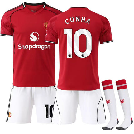 2025-2026 Manchester United Home Kids Football Shirt Kit No.10 Matheus Cunha (No. 10 printed) No.10 Cunha Adult S