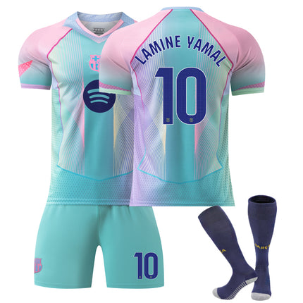 Hot 25-26 FC Barcelona Aqua Blue Special Edition NO.10 LAMINE YAMAL Jerseys Set Kids Adult Football Kit with Socks NO.10NO.10 NO.10 22 NO.10 22