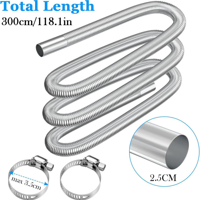 Air heater hose, 300 cm Ø 2.5 cm stainless steel exhaust pipe, parking heater pipe with 2 hose clamps, for parking heater 300CM.