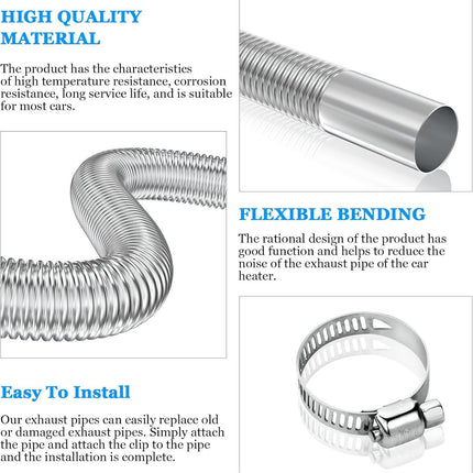 Air heater hose, 300 cm Ø 2.5 cm stainless steel exhaust pipe, parking heater pipe with 2 hose clamps, for parking heater 300CM.
