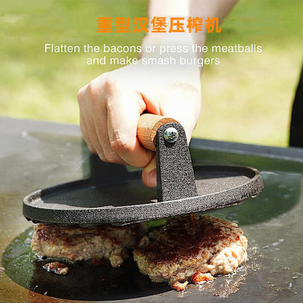 Pre-Seasoned Cast Iron Hamburger Press, Heavy Duty Hamburger Crusher for Griddle with Heat Resistant Handle Circle[CO].