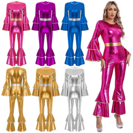 Women's Vintage 70s Disco Shiny Jumpsuit Bell Bottom Hippie Romper Cheerleading Uniform Halloween Cosplay Theme Party Costume royal blue_yux royal blue M.