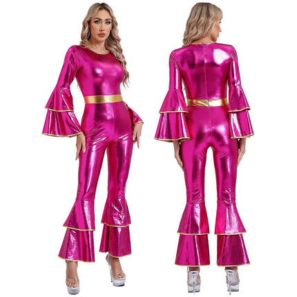 Women's Vintage 70s Disco Shiny Jumpsuit Bell Bottom Hippie Romper Cheerleading Uniform Halloween Cosplay Theme Party Costume royal blue_yux royal blue M.