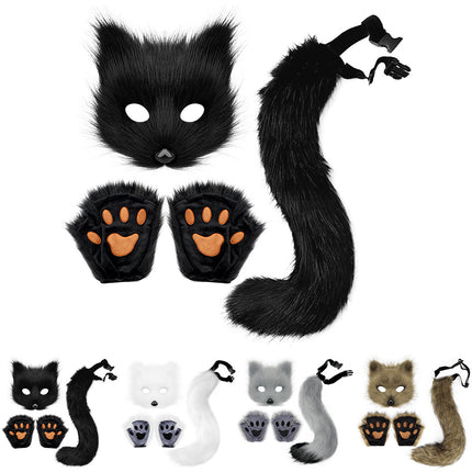 Therian Paws Fur Mask & Tail Set Girly Cat Mask Halloween Party Costume_yux White.