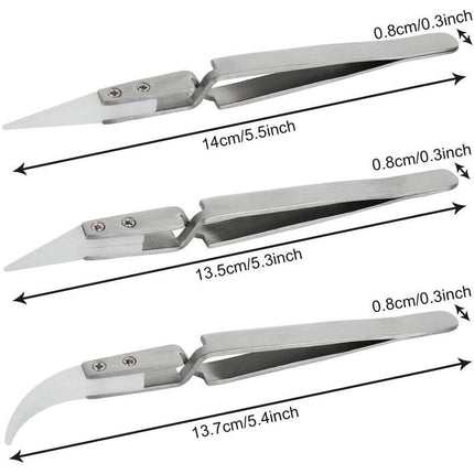 6pcs Precision Ceramic Inverted Soldering Tweezers Non-conductive Antimagnetic Pointed Curved Tips.