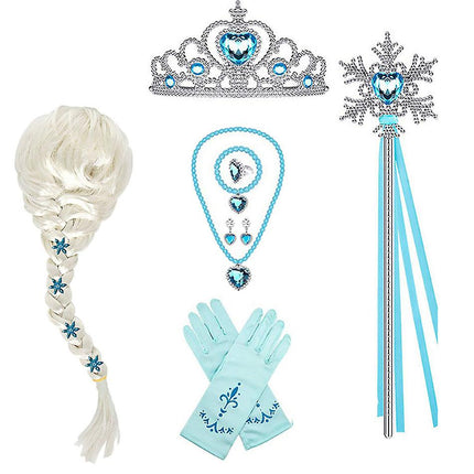 Elsa Princess Dress Clothes Cosplay Dress Up Gloves Wand Crown Jewelry Set Elsa Wig Necklace Braid.