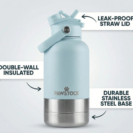Pawstock 3-in-1 Insulated Dog Water Bottle with Dual Bowls – 1L Stainless Steel Travel Bottle-Aqua.