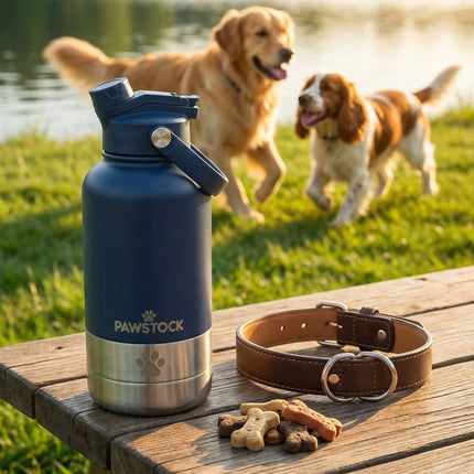 Pawstock 3-in-1 Insulated Dog Water Bottle with Dual Bowls – 1L Stainless Steel Travel Bottle - Navy.