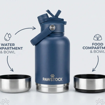 Pawstock 3-in-1 Insulated Dog Water Bottle with Dual Bowls – 1L Stainless Steel Travel Bottle - Navy.