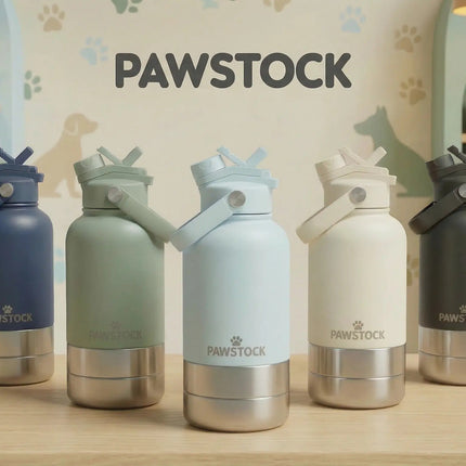 Pawstock 3-in-1 Insulated Dog Water Bottle with Dual Bowls – 1L Stainless Steel Travel Bottle - Navy.