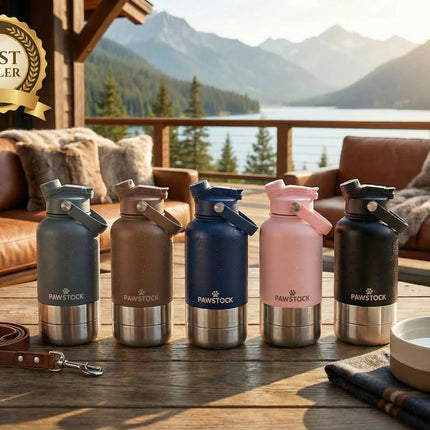 Pawstock 3-in-1 Insulated Dog Water Bottle with Dual Bowls – 1L Stainless Steel Travel Bottle - Gray.