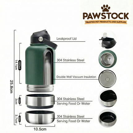 Pawstock 3-in-1 Insulated Dog Water Bottle with Dual Bowls – 1L Stainless Steel Travel Bottle - Gray.
