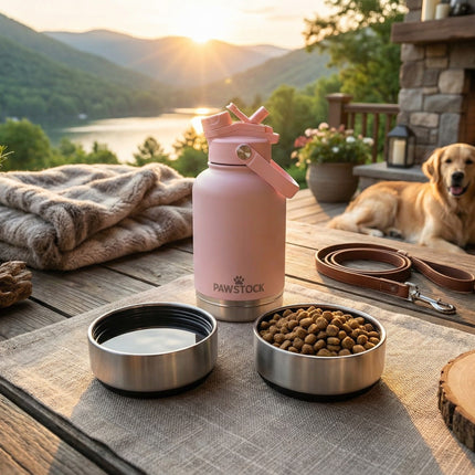 Pawstock 3-in-1 Insulated Dog Water Bottle with Dual Bowls – 1L Stainless Steel Travel Bottle - Gray.